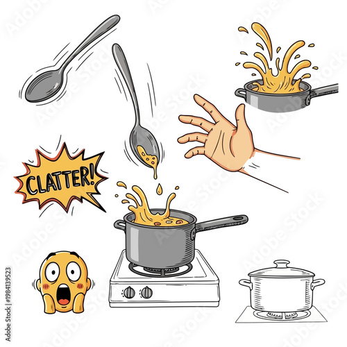 Chaos in kitchen with splashing soup from pot on stove, falling spoons, hand trying to catch and shocked expression.