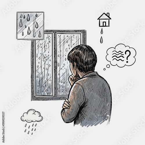 Man looking out window on rainy day contemplating weather and home comfort feeling pensive isolated thoughtful indoors during storm.