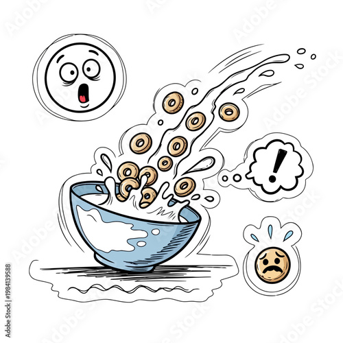 Surprised reaction cereal spill from bowl, milk splashing, shocked face, exclamation mark, worried emoticon.