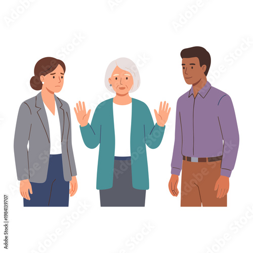 Three diverse people standing and greeting each other warmly indoors