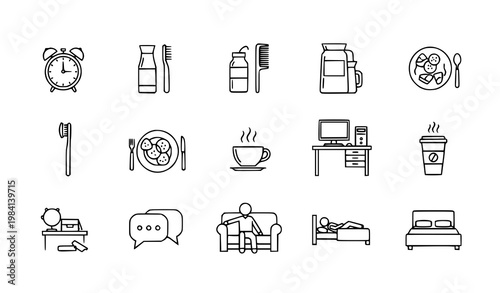 Morning to Night Daily Routine Line Icon Set with Hygiene, Meal, Work, Rest, and Sleep Lifestyle Symbols
