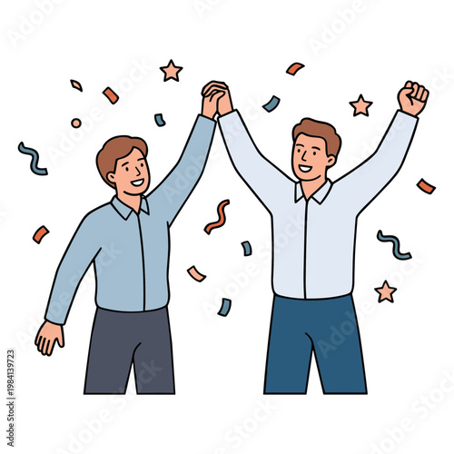 Two men celebrate with raised arms and confetti around them in the air