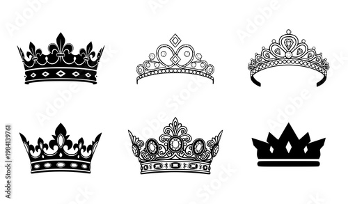 Classic Crown and Tiara Silhouette Icon Set for Royalty, Queen, King, Luxury, and Heraldic Design Concepts