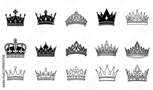 Crown Icon Collection with King and Queen Royal Designs in Outline and Silhouette Styles for Luxury Branding, Heraldry and Decorative Vector Projects