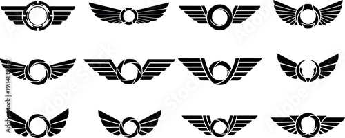 Fotografía Winged Badge Logo Icon Set with Circular Emblems and Flying Wings in Vintage Sty