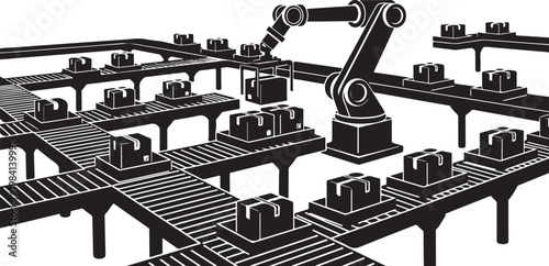 Industrial Crane Truck, Heavy Duty Construction Equipment, Black Silhouette Vector, Cargo Transport Illustration