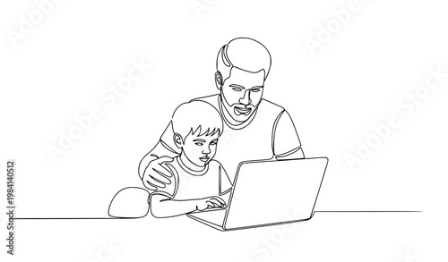 One line drawing of father helping son with laptop homeschooling minimal continuous line family illustration
