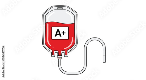 Essential medical illustration showcasing a transparent blood bag filled with A positive blood, highlighting its crucial role in emergency transfusions and healthcare support