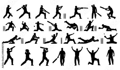 Geometric cricket player silhouette collection with batting bowling fielding and celebration poses vector illustration