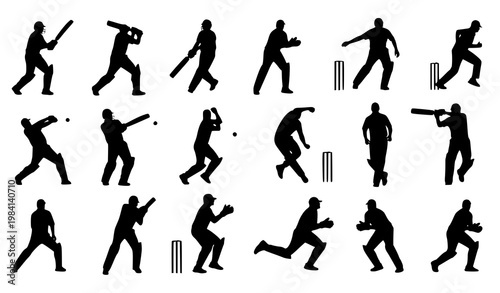 Cricket player silhouettes action set with batsman bowler and fielder poses vector illustration isolated
