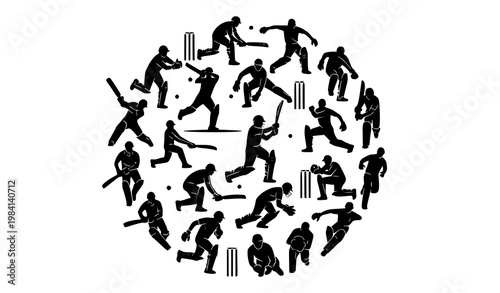 Dynamic circular cricket silhouettes with batsman bowler fielder action poses for sports design vector set