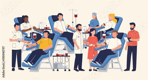 Diverse individuals donate blood at a bustling clinic, supported by medical staff. This illustrates the profound importance of voluntary contributions for community health, saving lives