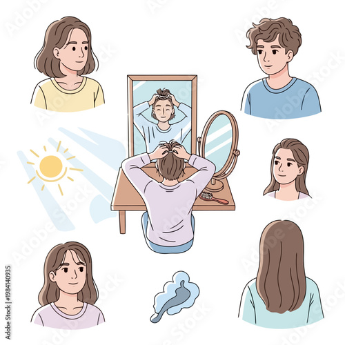 Young woman styling hair in front mirror surrounded by friends and sunshine active morning routine personal grooming self expression.