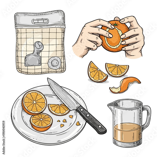 Set of hand drawn citrus illustrations featuring hands peeling orange sliced fruit on plate kitchen knife glass of fresh juice and product packaging on white background.