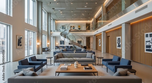 Modern Hotel Lobby with Spiral Staircase and Comfortable Seating.