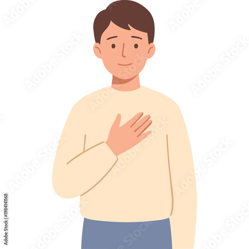 A cartoon man in a beige sweater shows an emotional gesture with his hand on his chest in a friendly and approachable illustration.