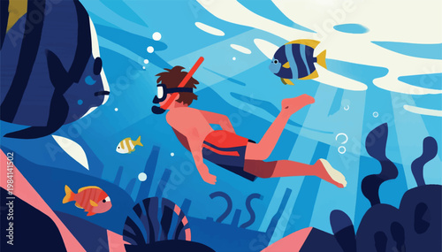 Illustration Of A Person Swimming In The Sea With Tropical Fish Around Vector Design Template