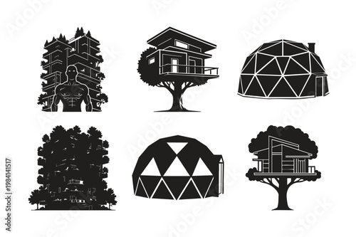 Silhouette set bundle of modern architecture and geodesic domes.