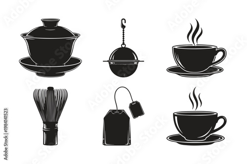 Silhouette set bundle of tea preparation tools and steaming cups.