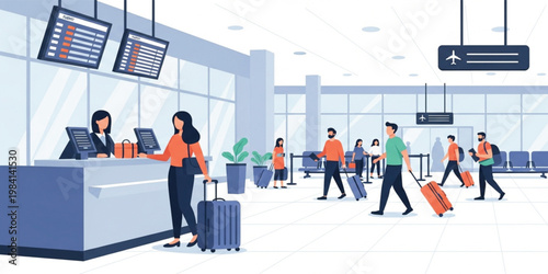 Airport Terminal Scene with Passengers Checking In, Traveling with Luggage, Boarding Process and Departure Area, Modern Transportation and Tourism Concept Vector Illustration