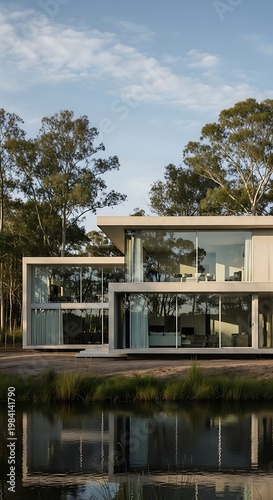 Modern house architecture reflecting in the water with trees.