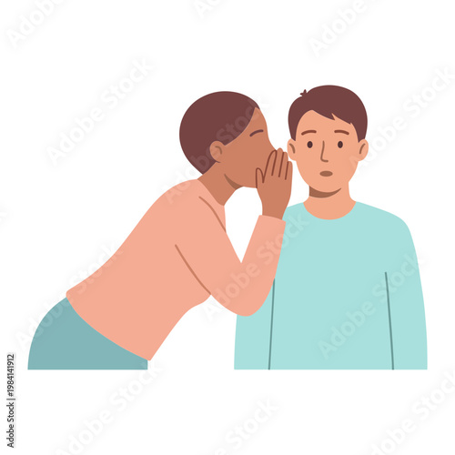 Woman whispering secret to surprised man indoors