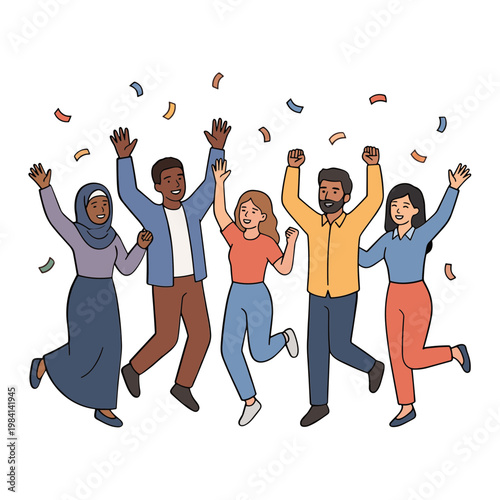 A group of people jumping and celebrating with confetti in the air