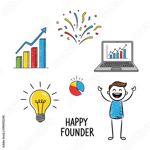Happy founder with rising graph and idea bulb celebrating business success.