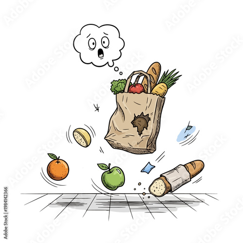 Frustrated person watching groceries fall from ripped bag, food scattering.