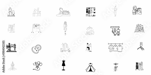 Professional Fashion Design Icon Set – Minimalist Tailoring Illustrations for Garment Manufacturing, Sewing Studios, and Apparel Industry Branding