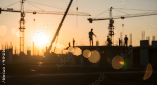 Silhouettes of workers on industrial site at golden hour with dramatic lighting