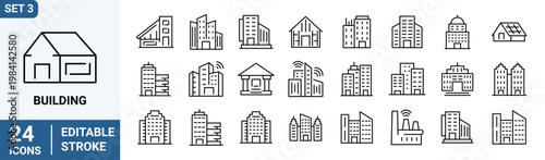 Building web Line Icons. Set of 24 outline icons. Linear icon collection. Editable stroke. Vector illustration