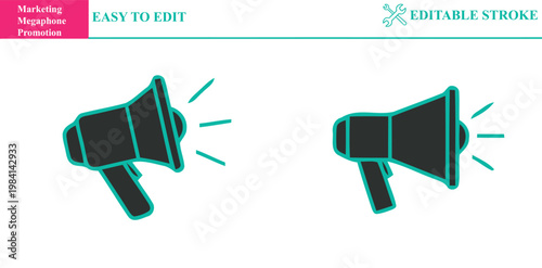 Marketing megaphone promotion icon set with editable stroke and easy to edit text for advertising announcements and public relations.