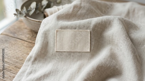 Blank label mockup on soft fabric backdrop