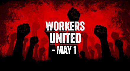 Workers united protest with raised fists on May Day in dramatic red lighting