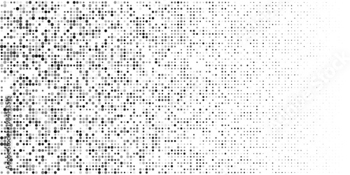 Halftone gradient pattern with fading dots. Smooth transition from white to black. Vector background with geometric pixel effect and subtle texture overlay. Lattice transition bg