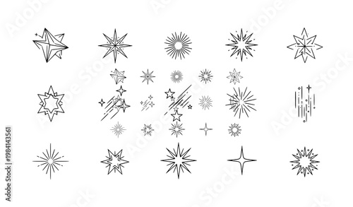 Minimal star icons outline set shooting star sparkle glow UI vector design
