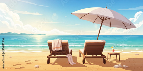 Luxury Beach Relaxation Scene with Sun Loungers, Umbrella and Ocean View, Summer Vacation Concept with Tropical Seaside Landscape and Leisure Travel Vector Illustration