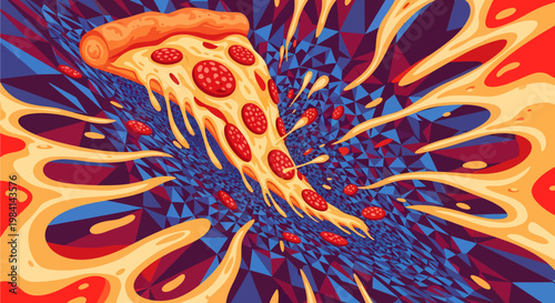 A vibrant, psychedelic illustration of a pepperoni pizza slice with melting cheese, set against a swirling abstract background of blues, reds, and yellows.