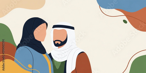 Middle Eastern Couple in Traditional Islamic Clothing Standing Together, Modern Flat Vector Illustration with Abstract Background for Culture, Family, and Lifestyle Concepts