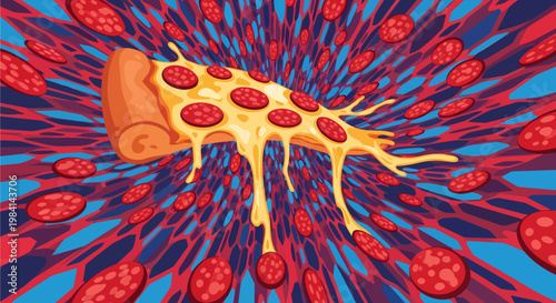 A vibrant, psychedelic illustration of a melting pizza slice with pepperoni against a swirling red and blue abstract background, creating a tunnel effect.