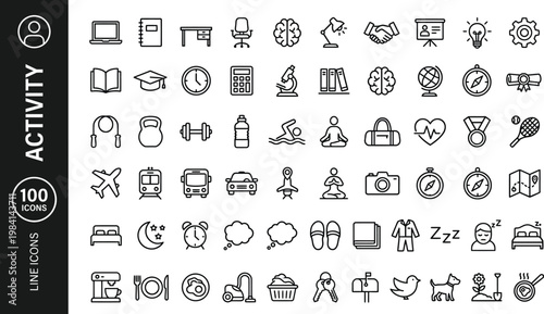 A collection of 100 line icons depicting various daily activities and objects AI, eps, png, jpg. transparent background.