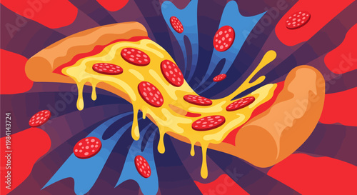 Vibrant illustration of melting pizza slice.