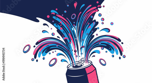 Vibrant and dynamic illustration of a soda can exploding with colorful liquid splashes and droplets in blue, pink, and dark purple against a white background.