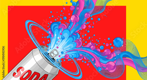 Colorful soda can with liquid splashing out.