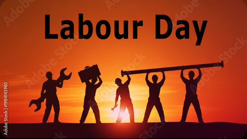 Labour Day celebration banner with worker silhouettes at sunset, industrial labor force holding tools and pipe, orange sunrise background vector