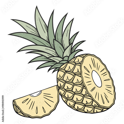 Fresh pineapple cut in half with slice and leafy crown food and drink tropical