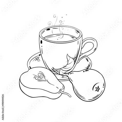 Pear Tea in Teapot aroma beverage Outline Illustration. Vector isolated for Design and Decoration for Cafeteria, Posters, Banners, Cards.