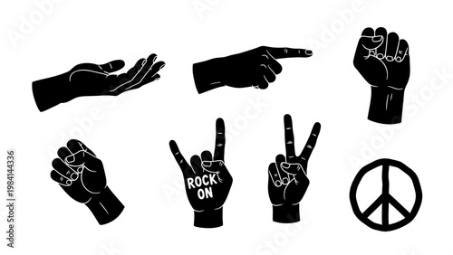 A collection of various hand gestures and a peace sign symbol on a white background