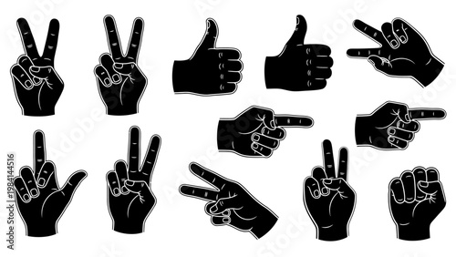 Several hands are making different gestures with their fingers on a plain background.